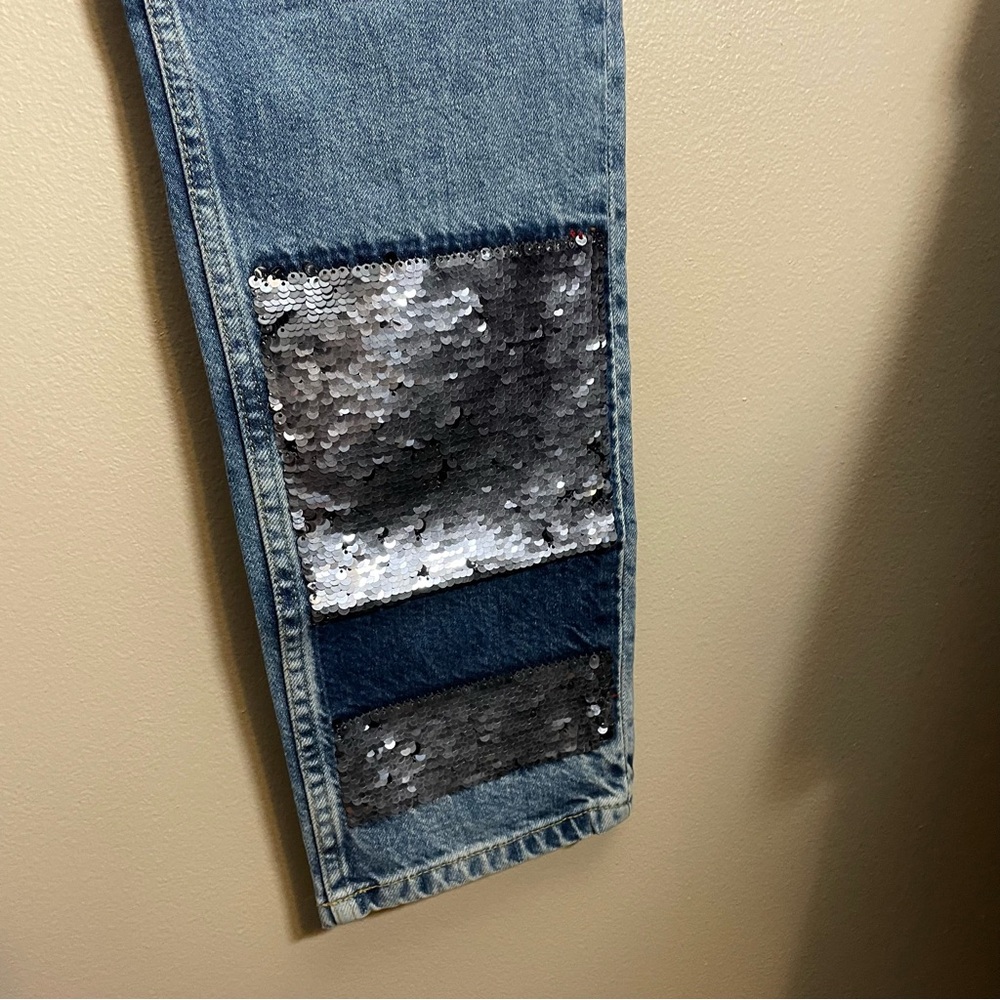 Zara basic denim sequin jeans cropped boyfriend f… - image 6